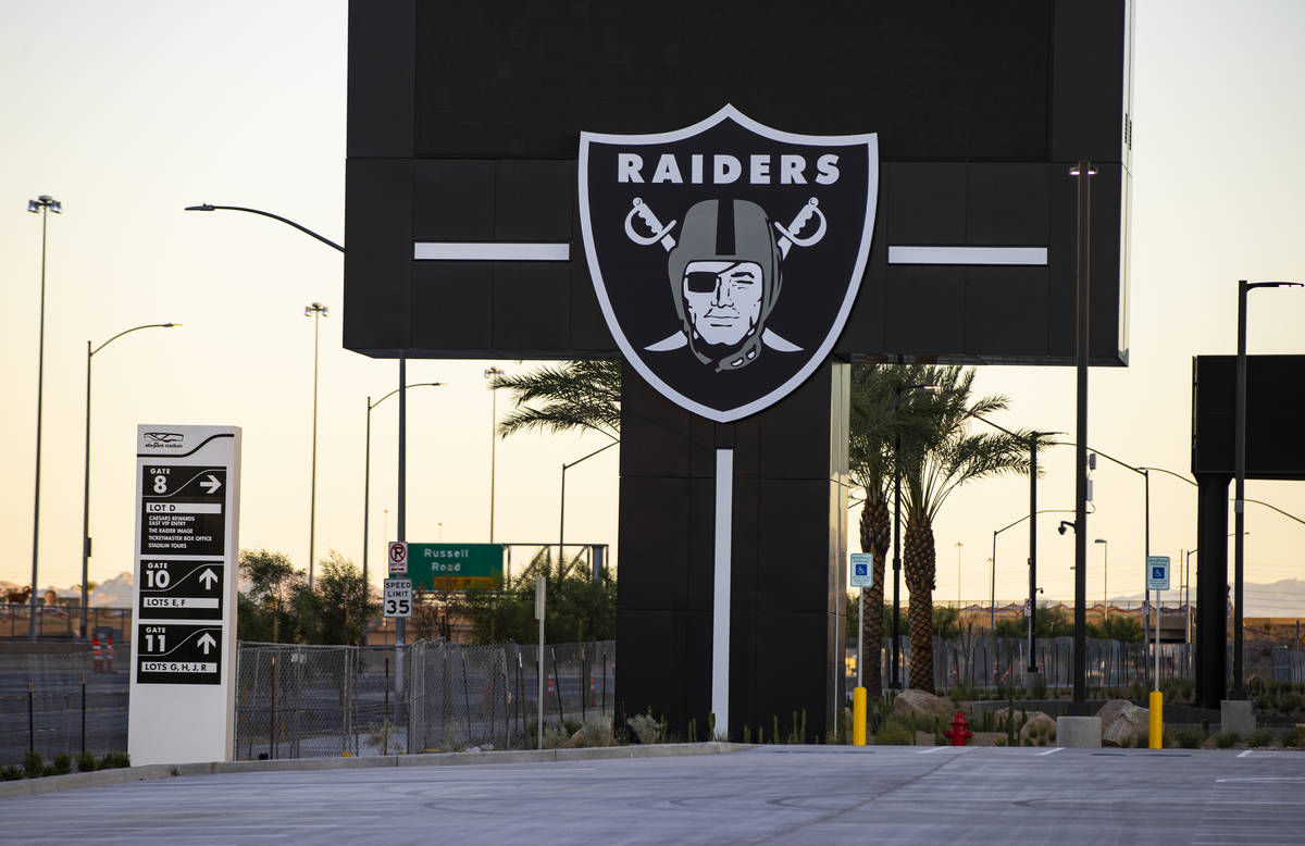 Signage at Allegiant Stadium in Las Vegas on Thursday, July 30, 2020. The stadium, home to the ...