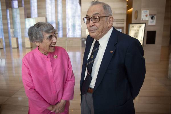 Flossie Vallen and her husband, Jerry Vallen, wait to attend a proclamation for UNLVino Week at ...