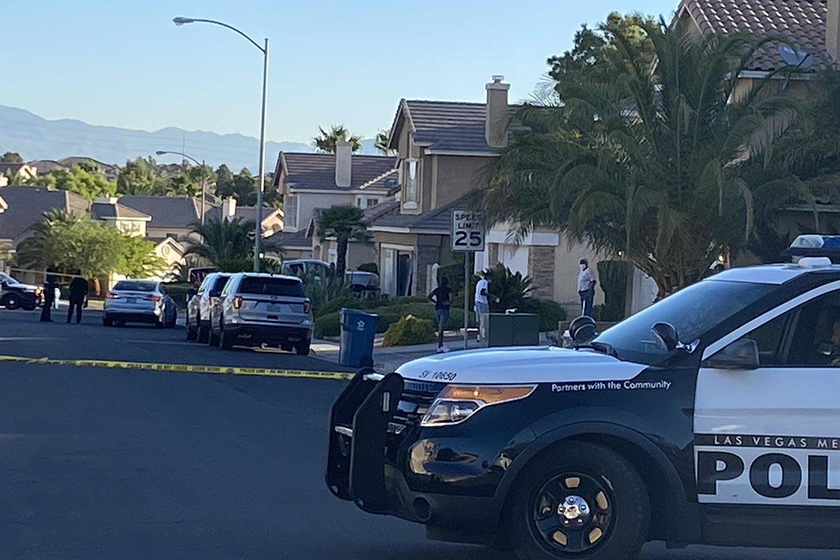 Las Vegas police at the scene on a homicide on Van Carol Drive near West Tropicana Avenue and S ...