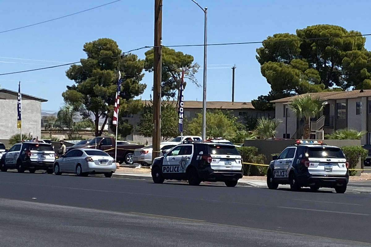 Las Vegas police investigate a shooting that left two wounded near Pecos Road and Cheyenne Aven ...