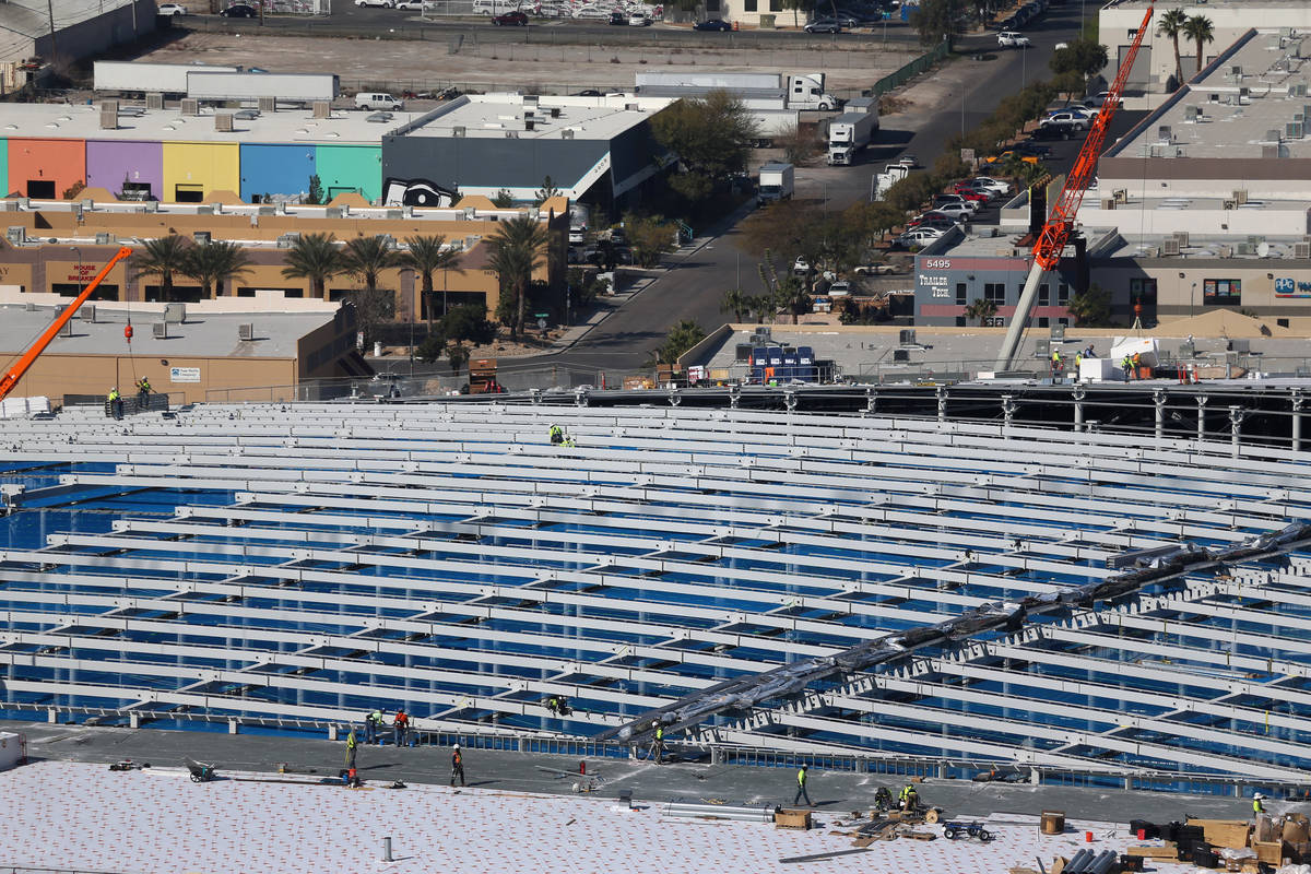 The Raiders Allegiant Stadium roof under contraction in Las Vegas, Thursday, March 5, 2020. (Er ...