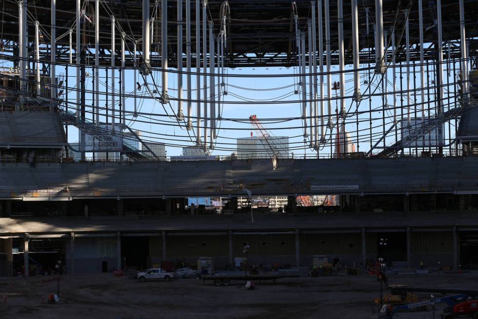 The cable net system that will support the roof at Allegiant Stadium in Las Vegas, Thursday, Oc ...