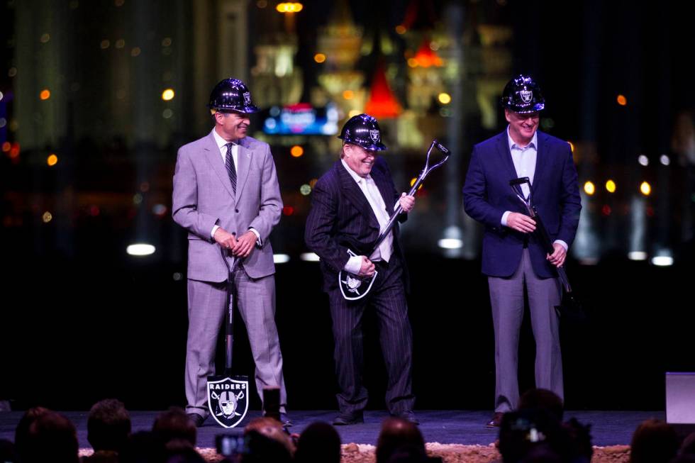 Gov. Brian Sandoval, from left, Raiders owner Mark Davis, and NFL Commissioner Roger Goodell , ...