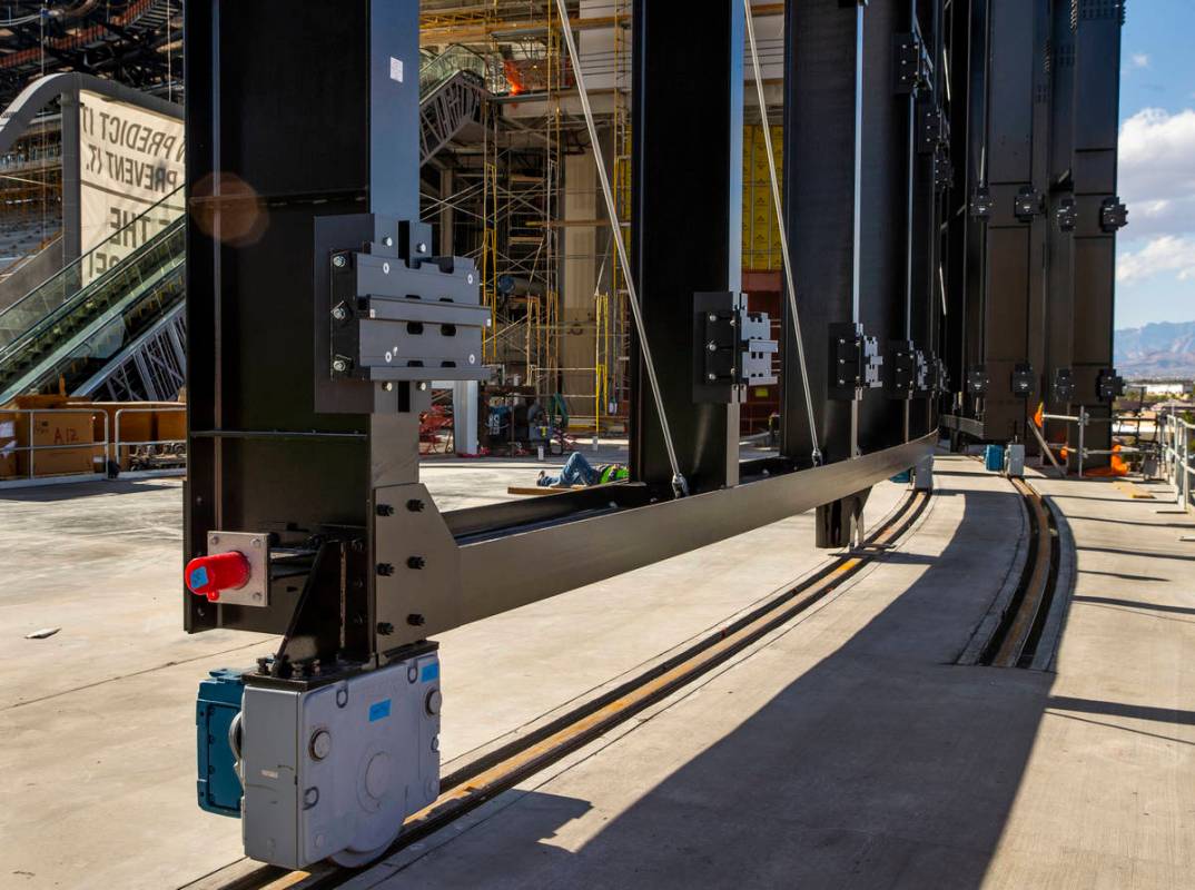 The retractable doors during a tour of the Raiders Allegiant Stadium construction site on Monda ...