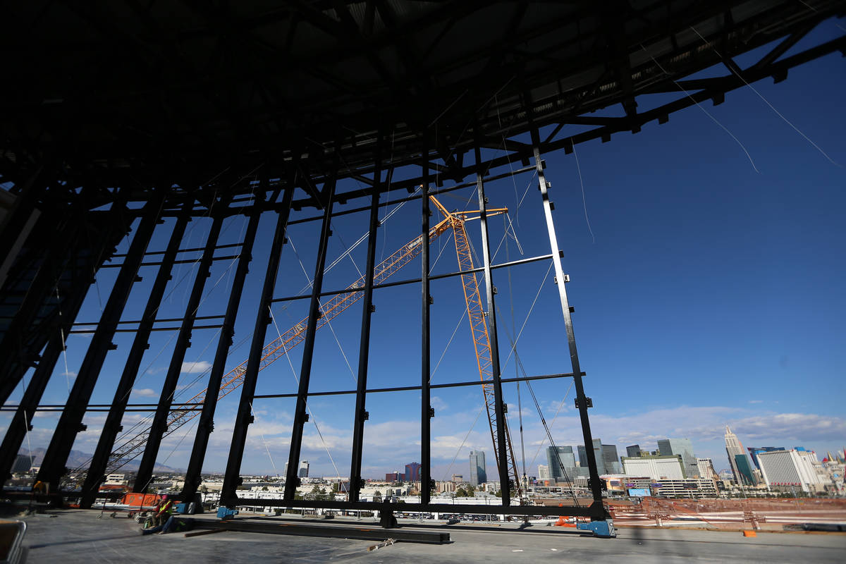 The lanai doors at the Raiders Allegiant Stadium construction site in Las Vegas, Monday, Nov. 2 ...