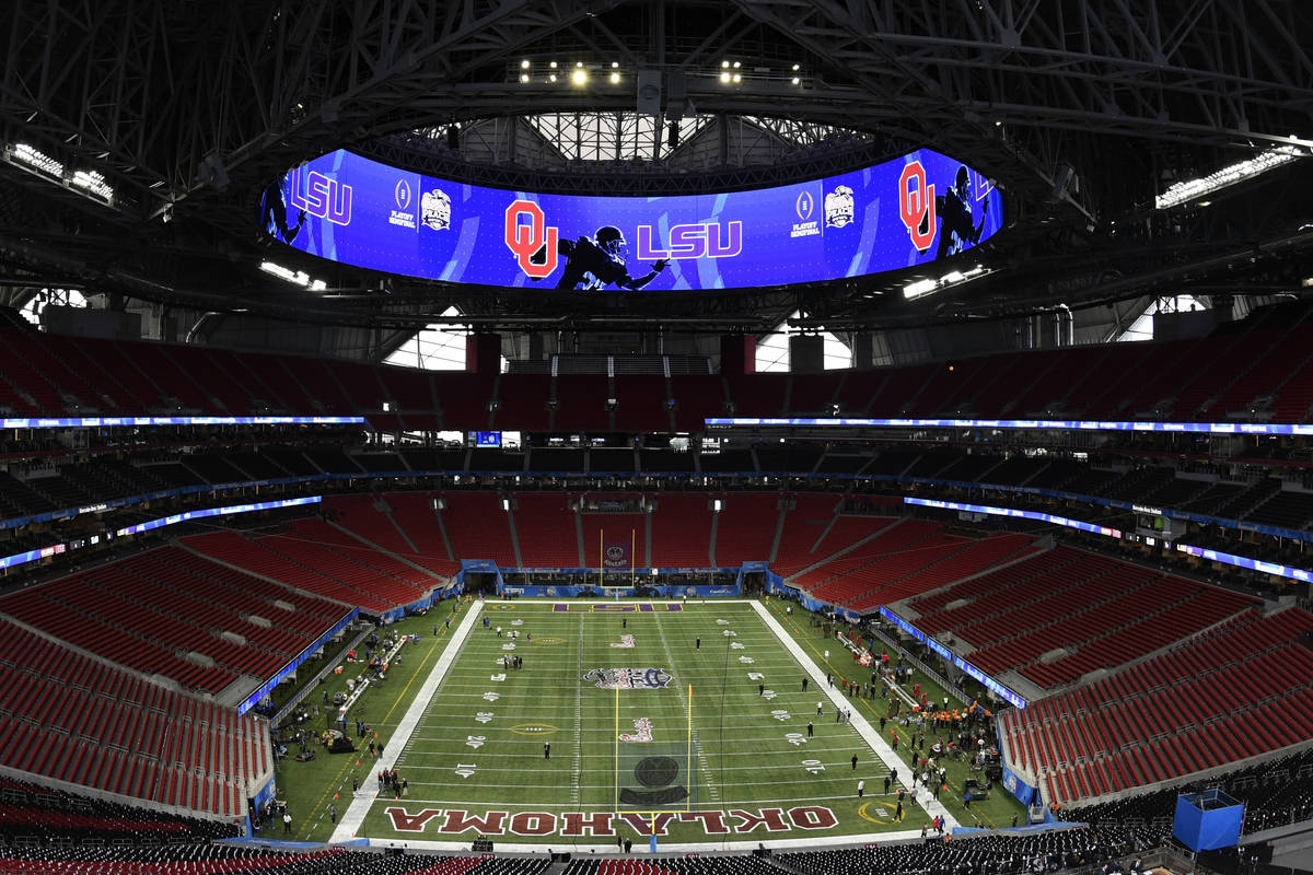 FILE - In this Dec. 28, 2019, file photo, the Mercedes-Benz stadium is shown prior to the Peach ...