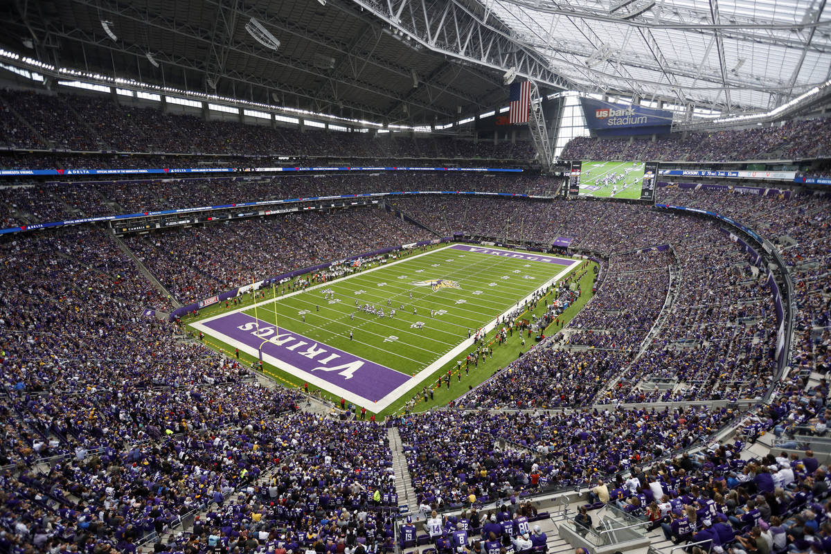 In this Sept. 8, 2019, file photo, fans cheer in U.S. Bank Stadium during the second half of an ...