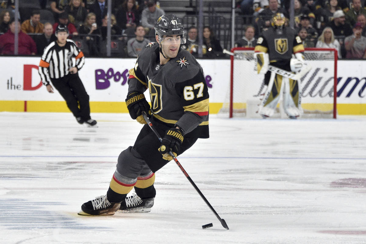 In this Saturday, Feb. 8, 2020 file photo, Vegas Golden Knights left wing Max Pacioretty (67) s ...