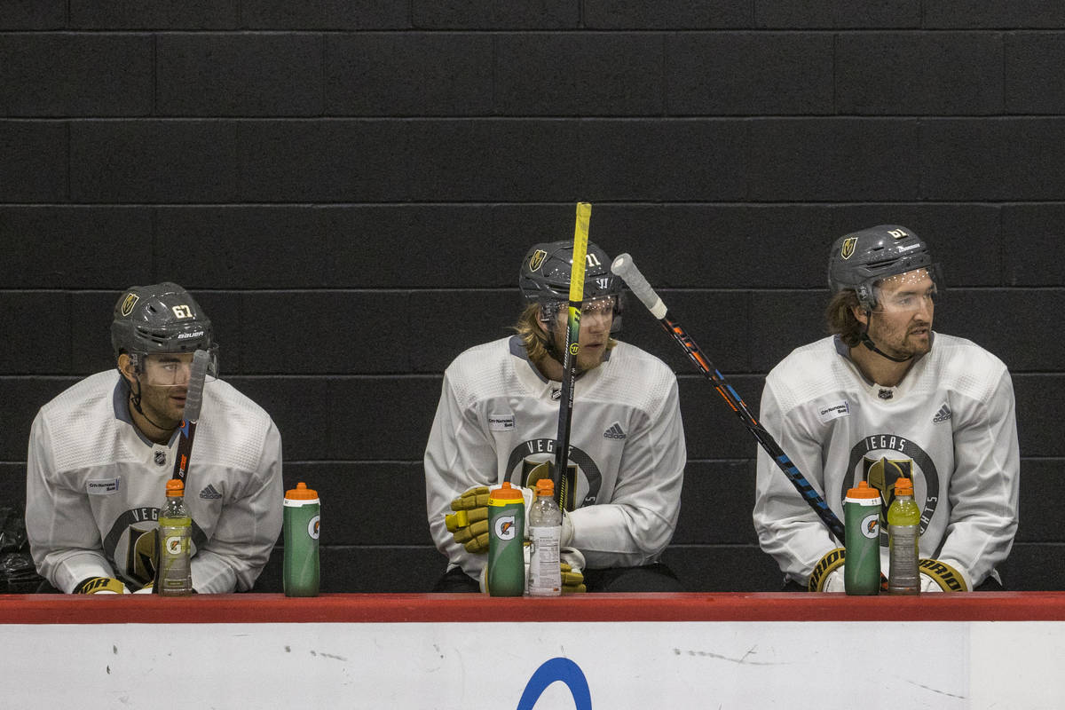 From left, Golden Knights left wing Max Pacioretty, center William Karlsson and right wing Mark ...