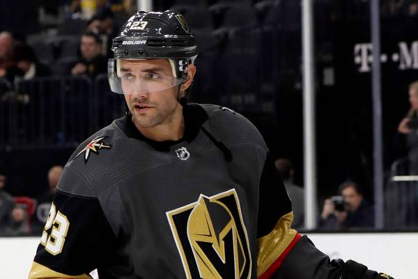 Vegas Golden Knights defenseman Alec Martinez warms up for the team's NHL hockey game against t ...