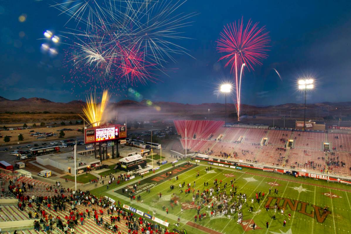 Fireworks erupt above Sam Boyd Stadium following the final game there as the UNLV Rebels defeat ...