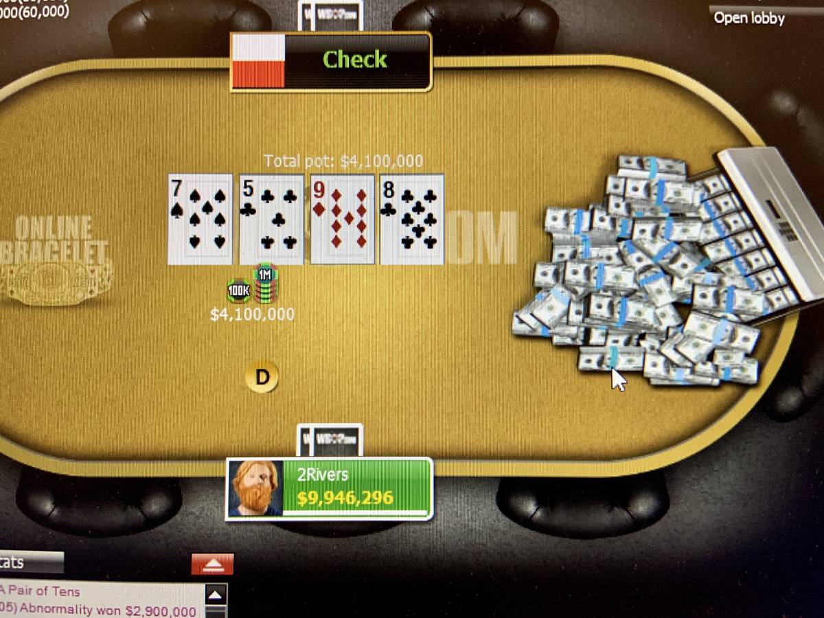 Players with the screen names 2Rivers and Abnormality play heads-up for the bracelet in Event 3 ...