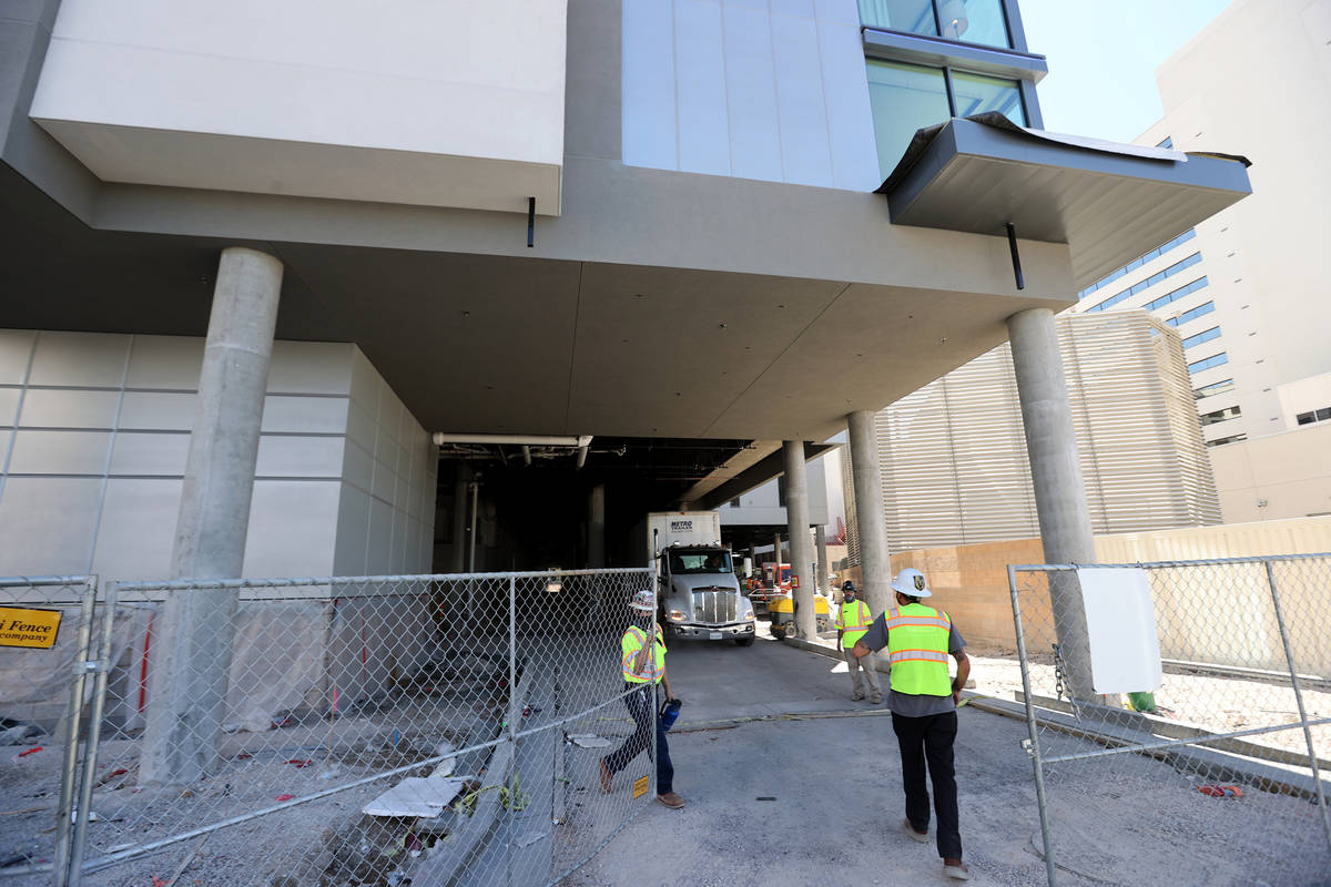 Construction workers at the Gallery Tower expansion at the Downtown Grand in Las Vegas Friday, ...