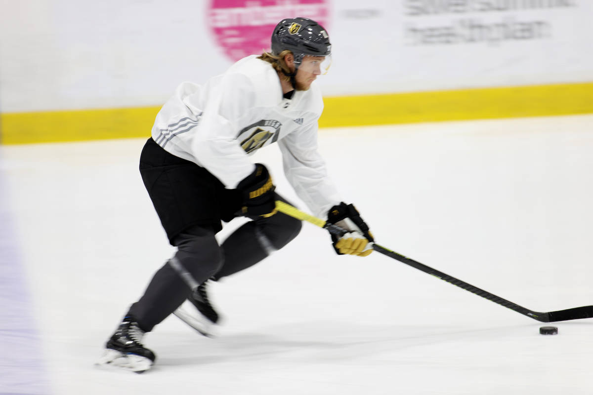 Vegas Golden Knights center William Karlsson (71) skates with the puck during a team practice a ...