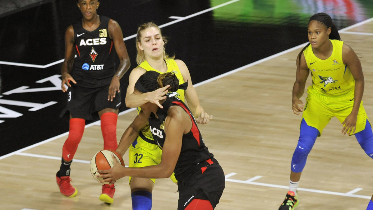 Las Vegas Aces' Danielle Robinson, left, and Dallas Wings' Moriah Jefferson, right, watch as Wi ...