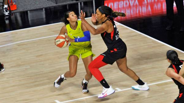 Dallas Wings' Satou Sabally, left, looks to shoot as Las Vegas Aces' A'ja Wilson defends during ...