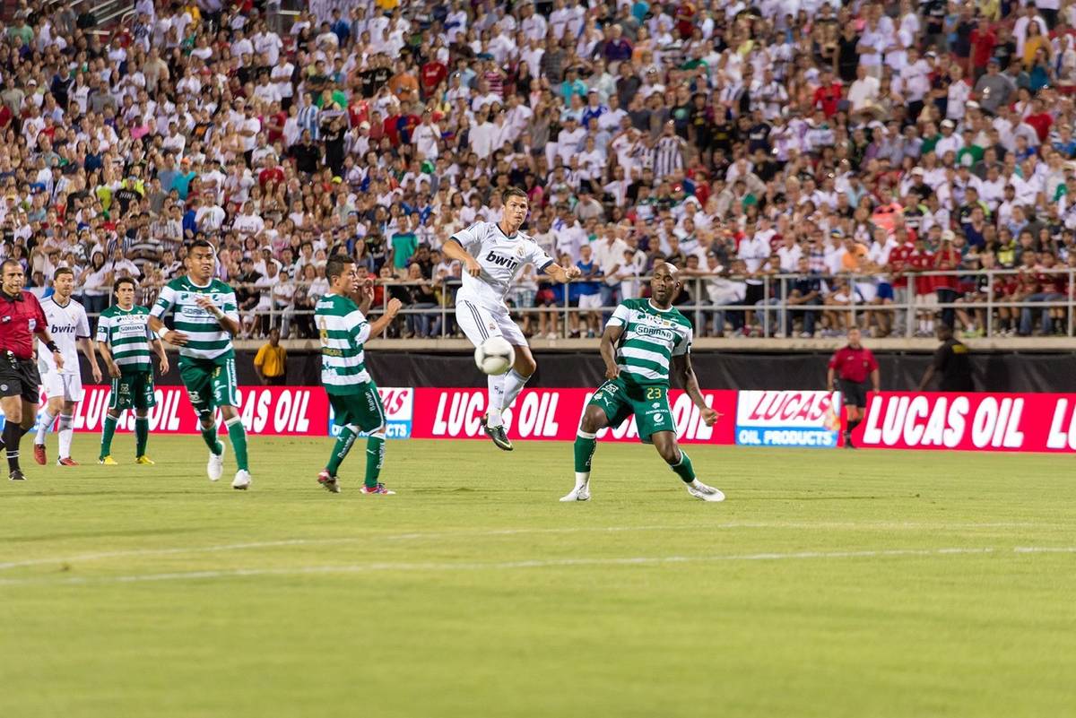 Real Madrid's Cristiano Ronaldo attacks the Santos Laguna defense during the World Football Cha ...