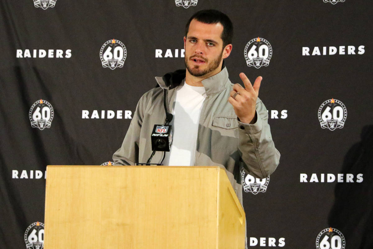 Oakland Raiders quarterback Derek Carr speaks to media at a postgame press conference following ...