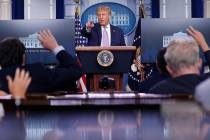 President Donald Trump speaks during a briefing with reporters in the James Brady Press Briefin ...