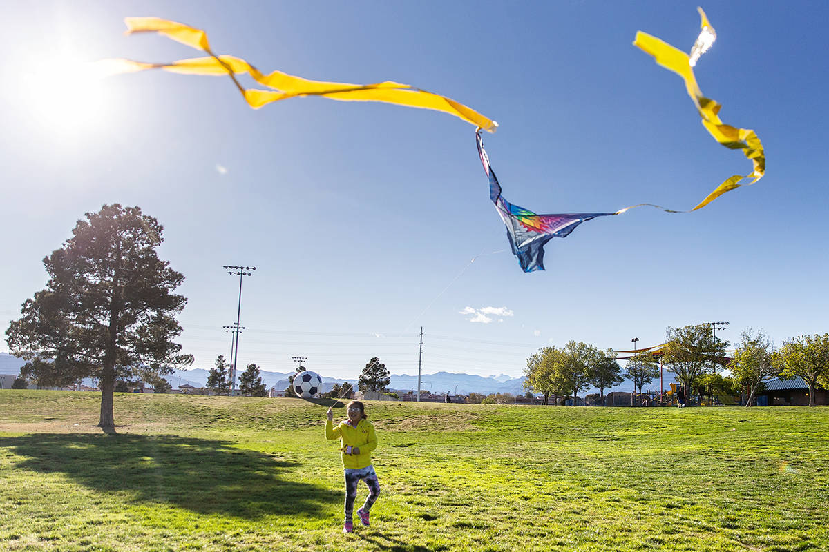 Las Vegas residents take advantage of the open space at Desert Breeze Park flying kites on Frid ...