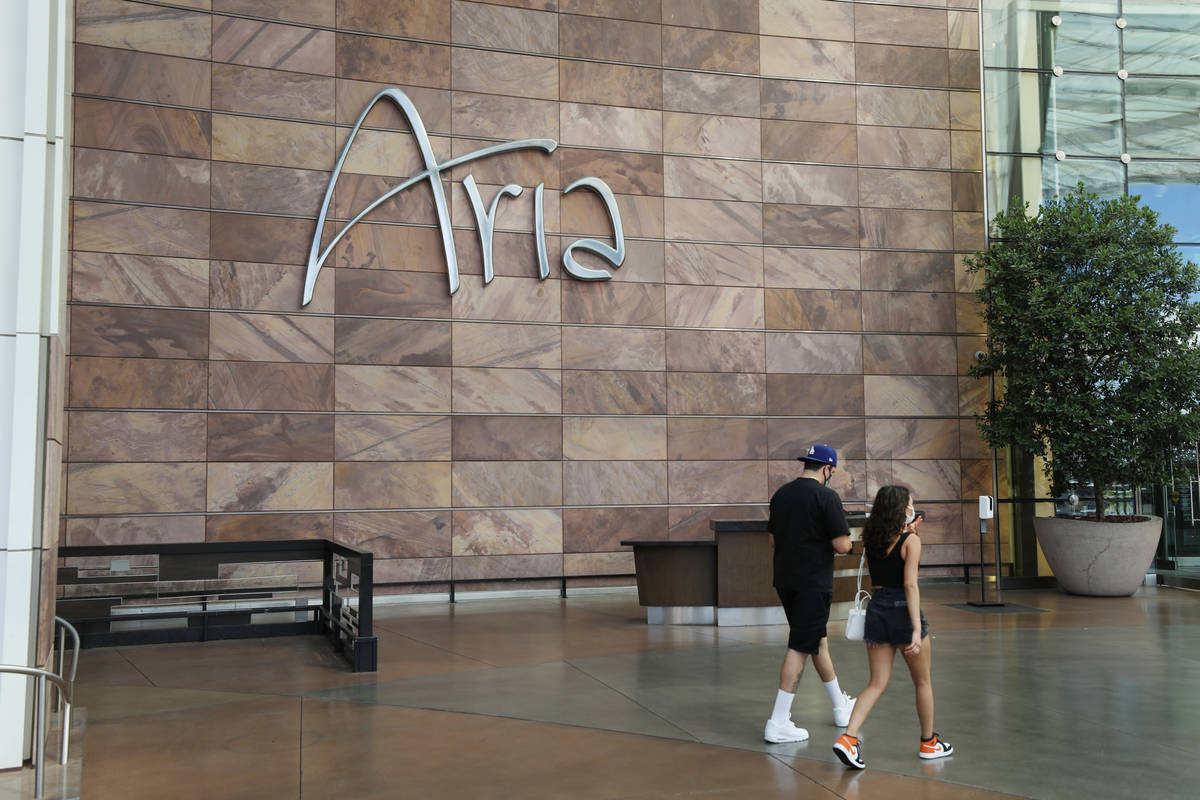 Aria is seen on the Strip, Thursday, Aug. 6, 2020, in Las Vegas. (Elizabeth Brumley/Las Vegas R ...