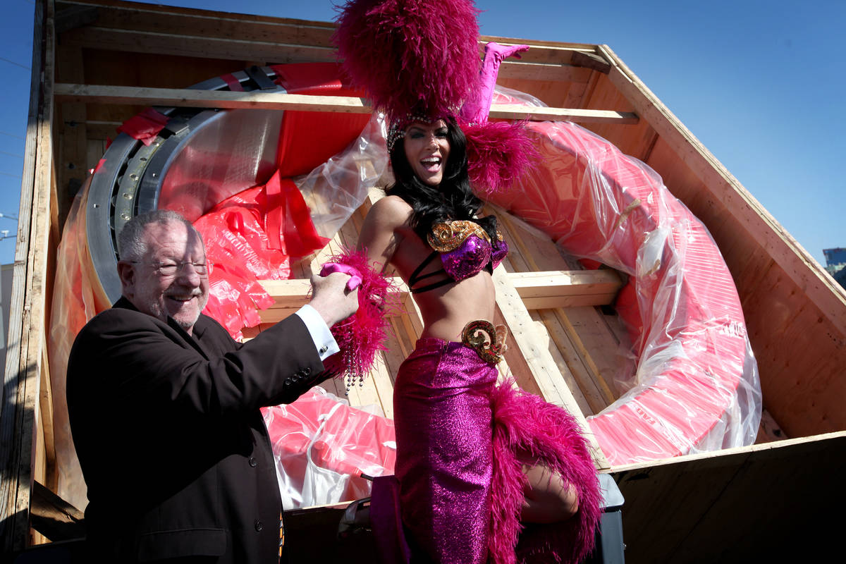 Las Vegas Mayor Oscar Goodman, left, appears with Amanda Latona, a model/showgirl, at a press c ...