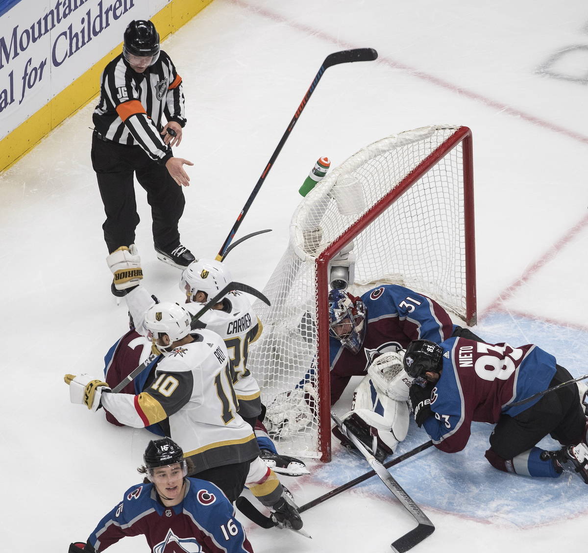 The referee points to a goal by the Vegas Golden Knights during second period NHL Stanley Cup h ...