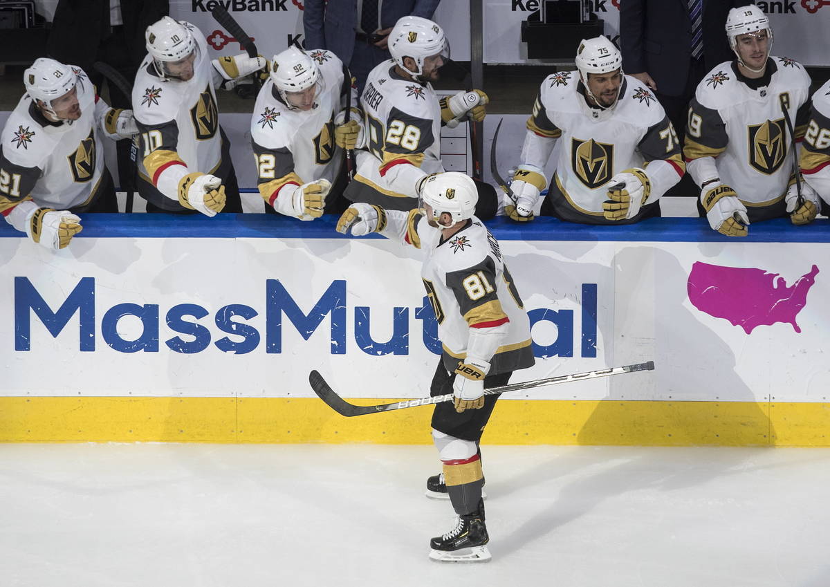 Vegas Golden Knights' Jonathan Marchessault (81) celebrates a goal with teammates during third ...