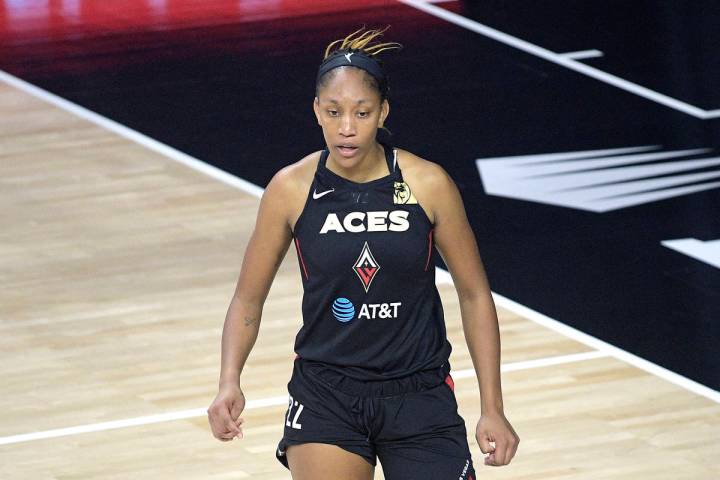 Las Vegas Aces forward A'ja Wilson is shown Sunday, July 26, 2020, in Bradenton, Fla. (AP Photo ...