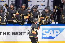 Vegas Golden Knights' Reilly Smith (19) is congratulated for a goal against the Chicago Blackha ...