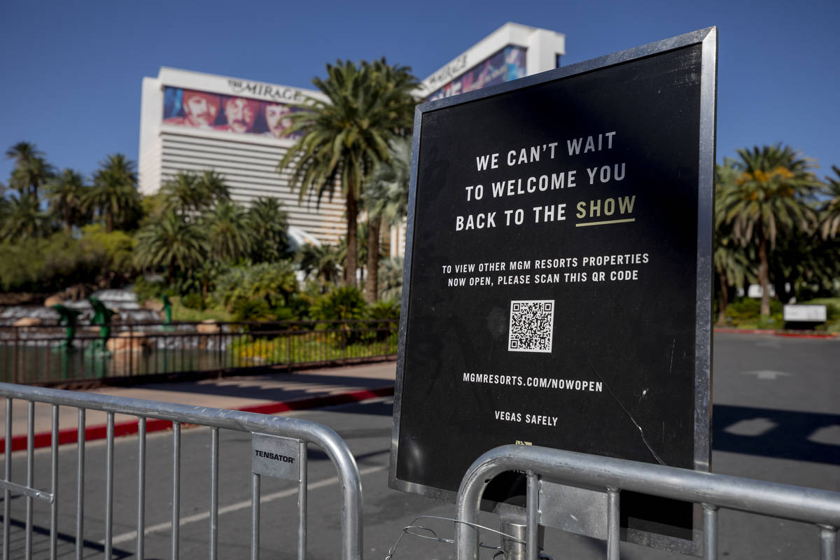 A sign blocks the entrance of the Mirage along the Las Vegas Strip on Wednesday, Aug. 12, 2020. ...