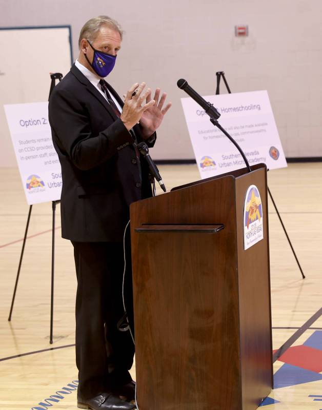 North Las Vegas Mayor John Lee speaks during a news conference at Silver Mesa Recreation Center ...
