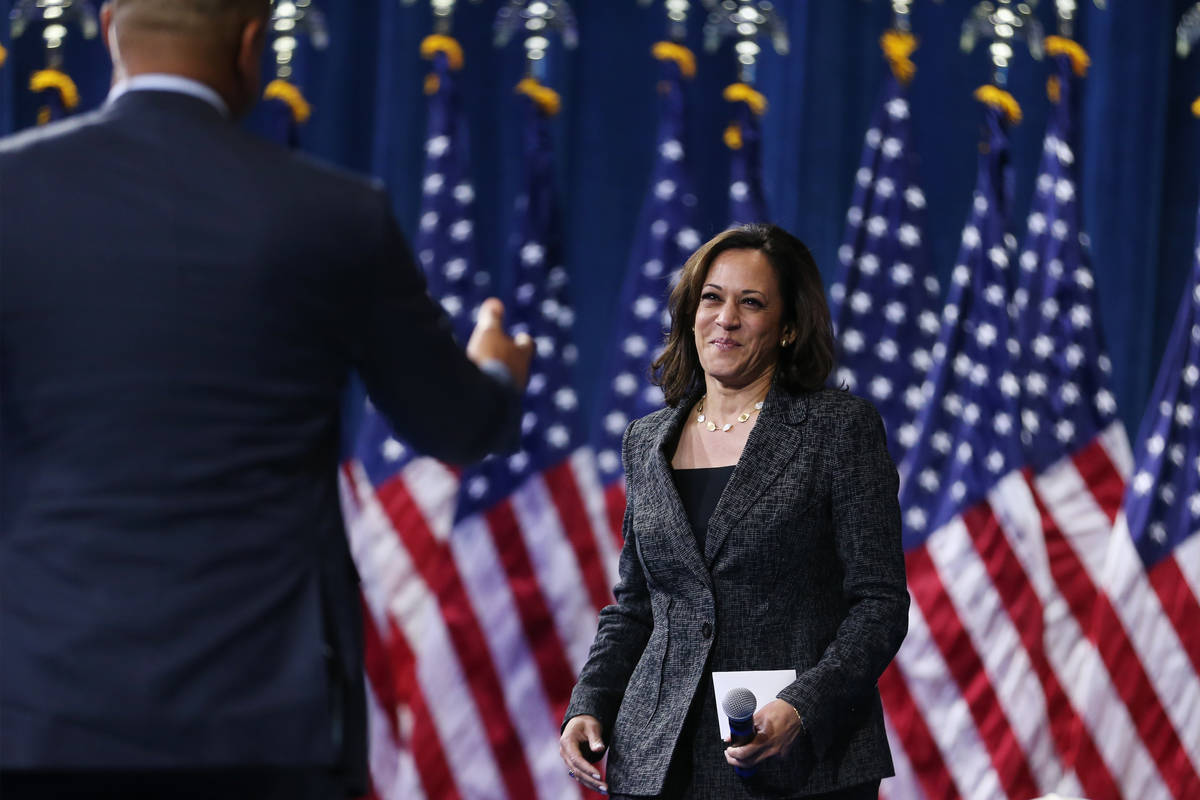 Democratic presidential candidate Kamala Harris takes the stage during the 2020 presidential gu ...