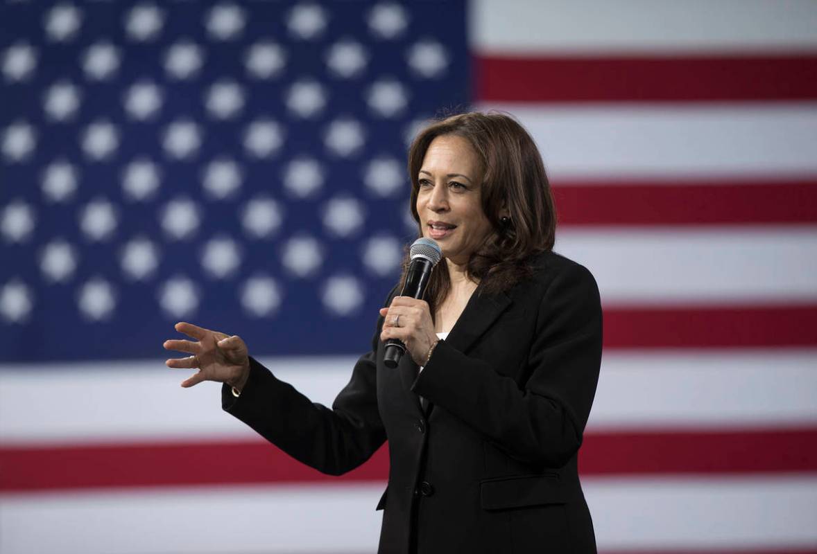 Sen. Kamala Harris, D-Calif., speaks in Las Vegas in April 2019. (Benjamin Hager/Las Vegas Revi ...