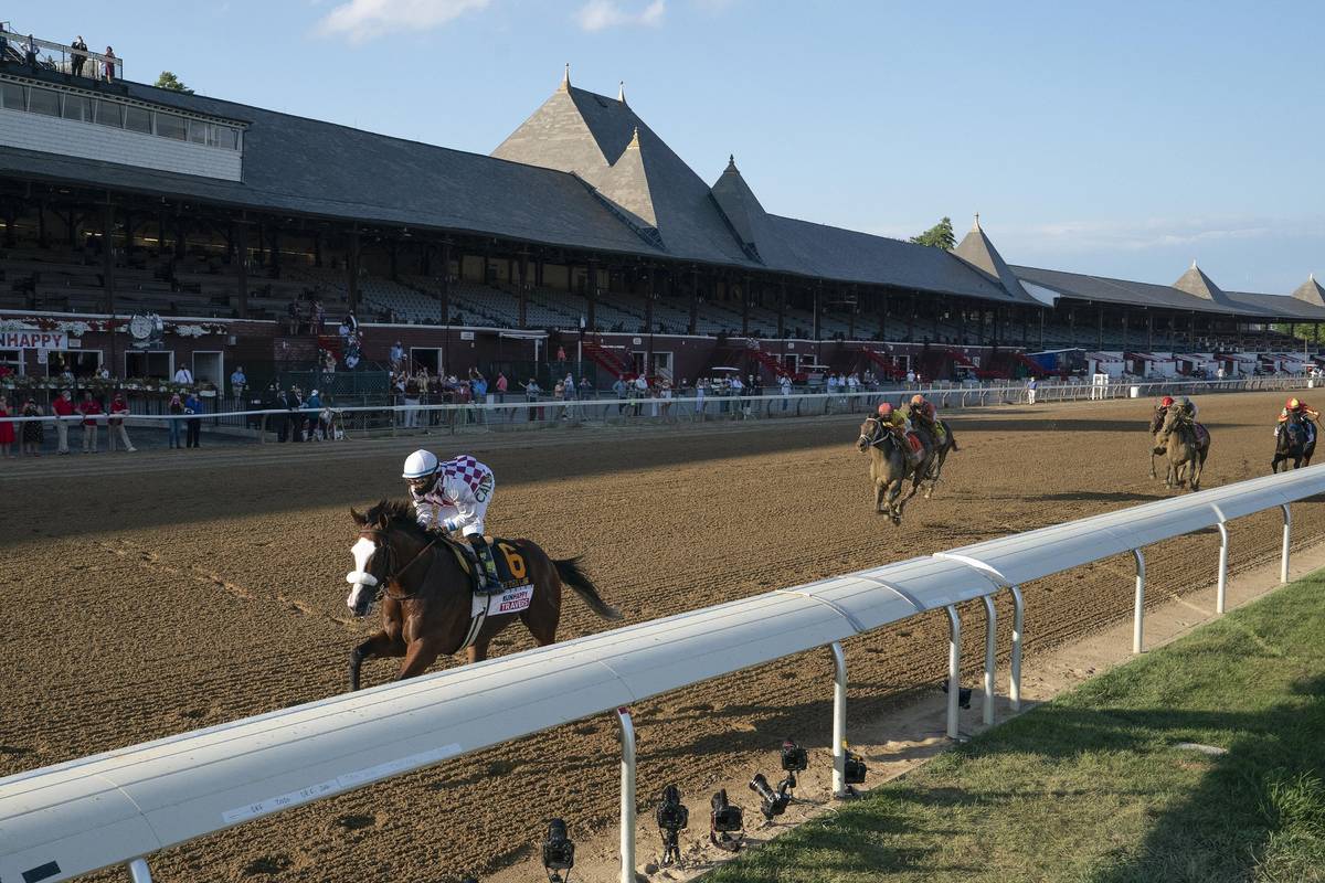 Tiz the Law (6), with Manny Franco up, wins the Travers Stakes horse race at Saratoga, Saturday ...