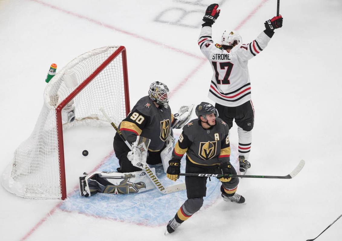 Vegas Golden Knights goalie Robin Lehner (90) is scored on as Chicago Blackhawks' Dylan Strome ...