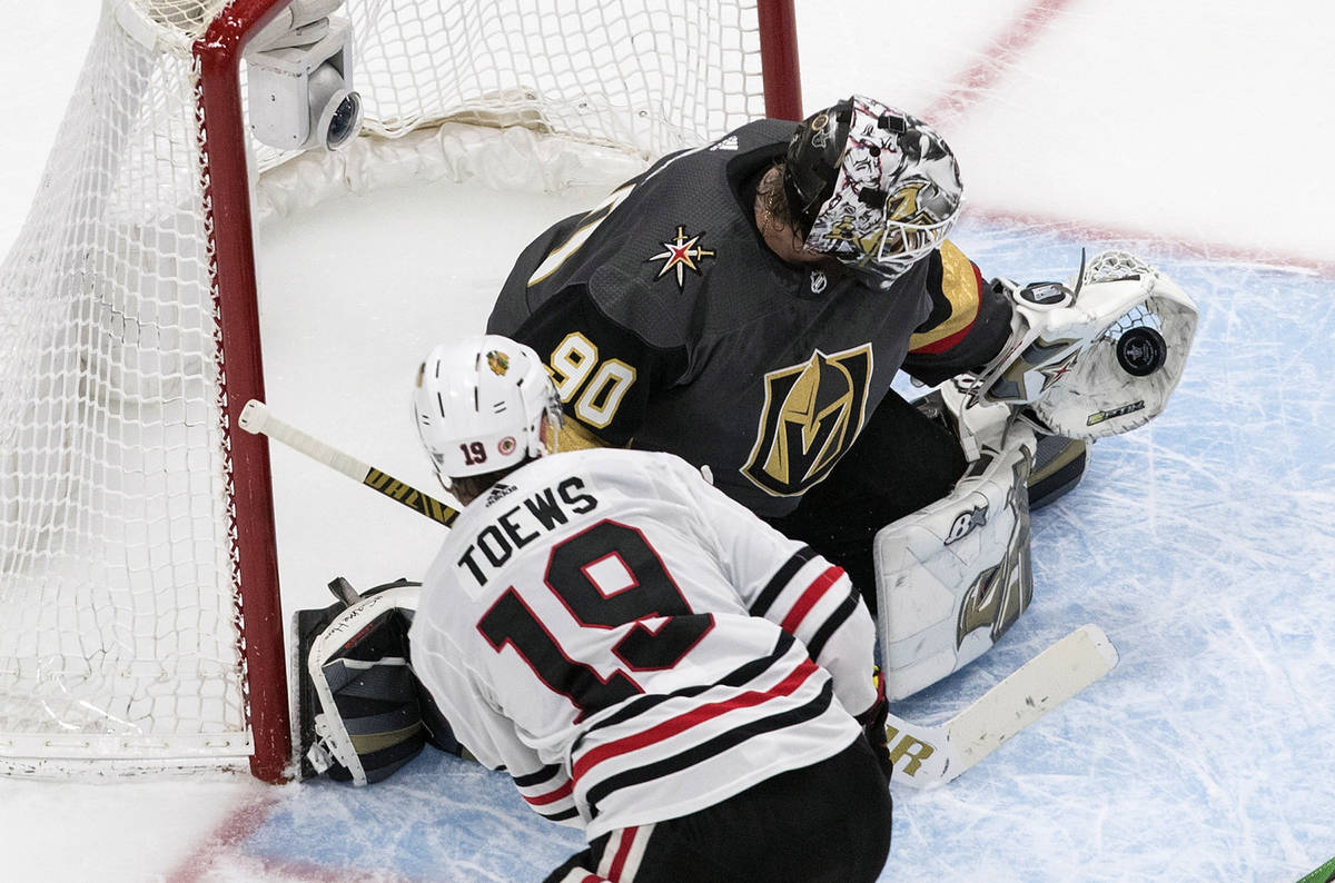 Vegas Golden Knights goalie Robin Lehner (90) makes the save on Chicago Blackhawks' Jonathan To ...