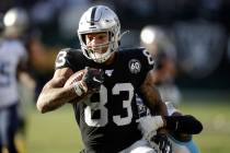 In this Dec. 8, 2019, file photo, Oakland Raiders tight end Darren Waller (83) runs against the ...