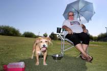Gayle Moriner of Las Vegas with her dog Beasley, a 6-year-old terrier mix, at the Kellogg Zaher ...