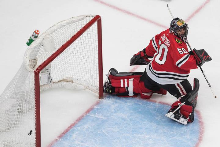 Chicago Blackhawks goalie Corey Crawford gives up a goal to the Vegas Golden Knights during the ...