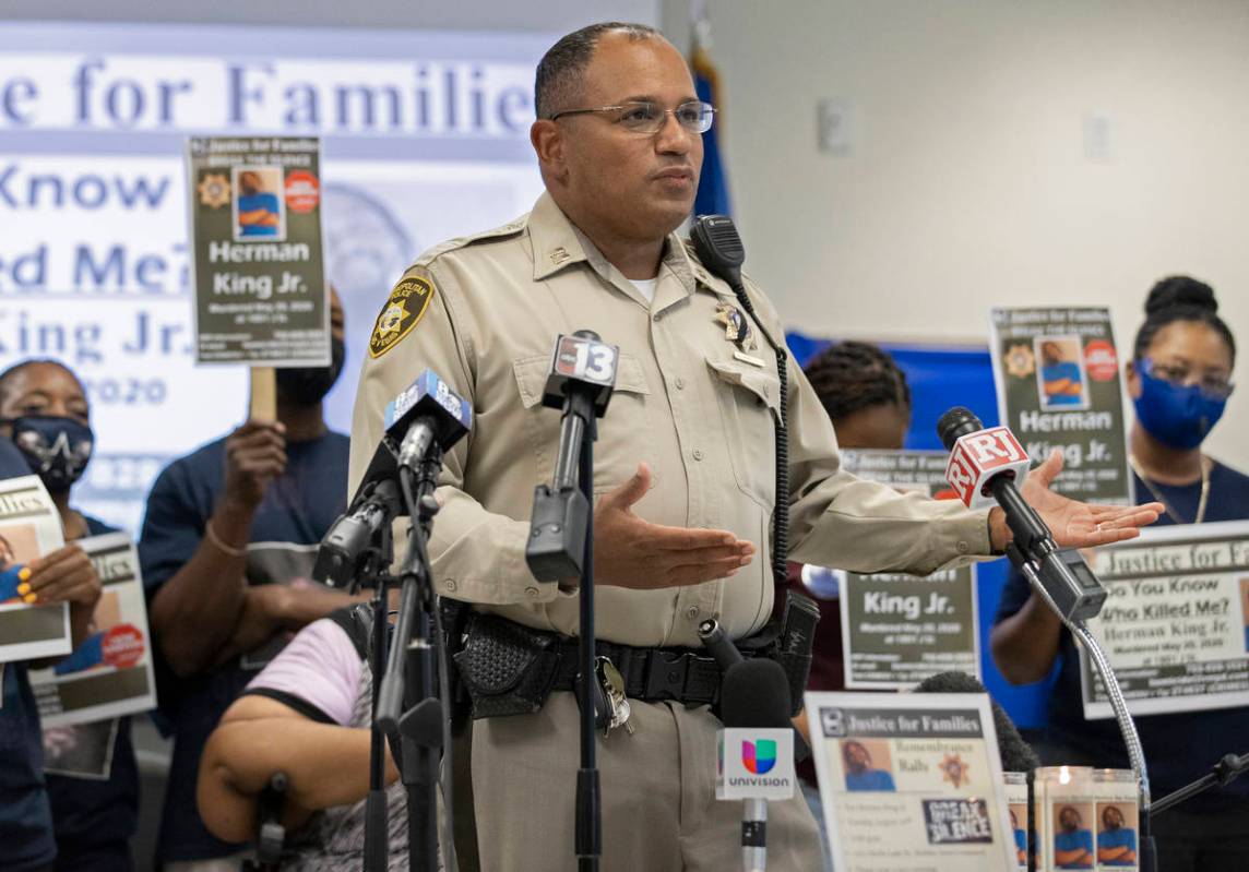 Metro Capt. Carlos Hank addresses news media on Tuesday, Aug. 18, 2020, in Las Vegas during a p ...