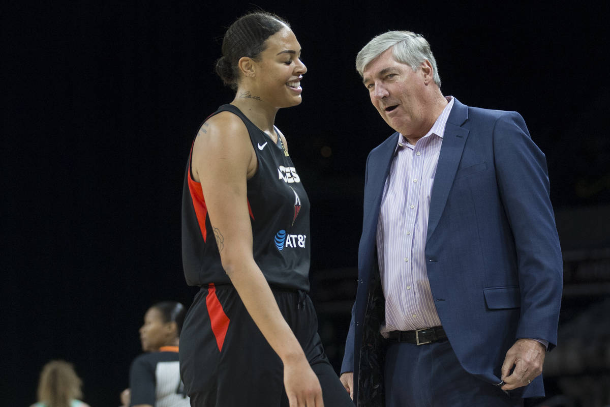 Las Vegas Aces head coach Bill Laimbeer, right, shares a laugh with Las Vegas Aces center Liz C ...