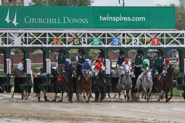 Horses break from the starting gate at Churchill Downs Thursday, May 2, 2019, in Louisville, Ky ...