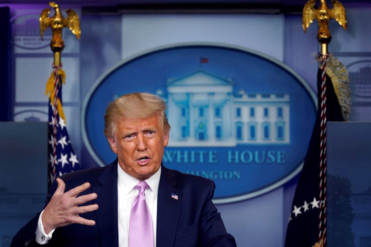 President Donald Trump speaks during a news conference at the White House, Wednesday, Aug. 19, ...