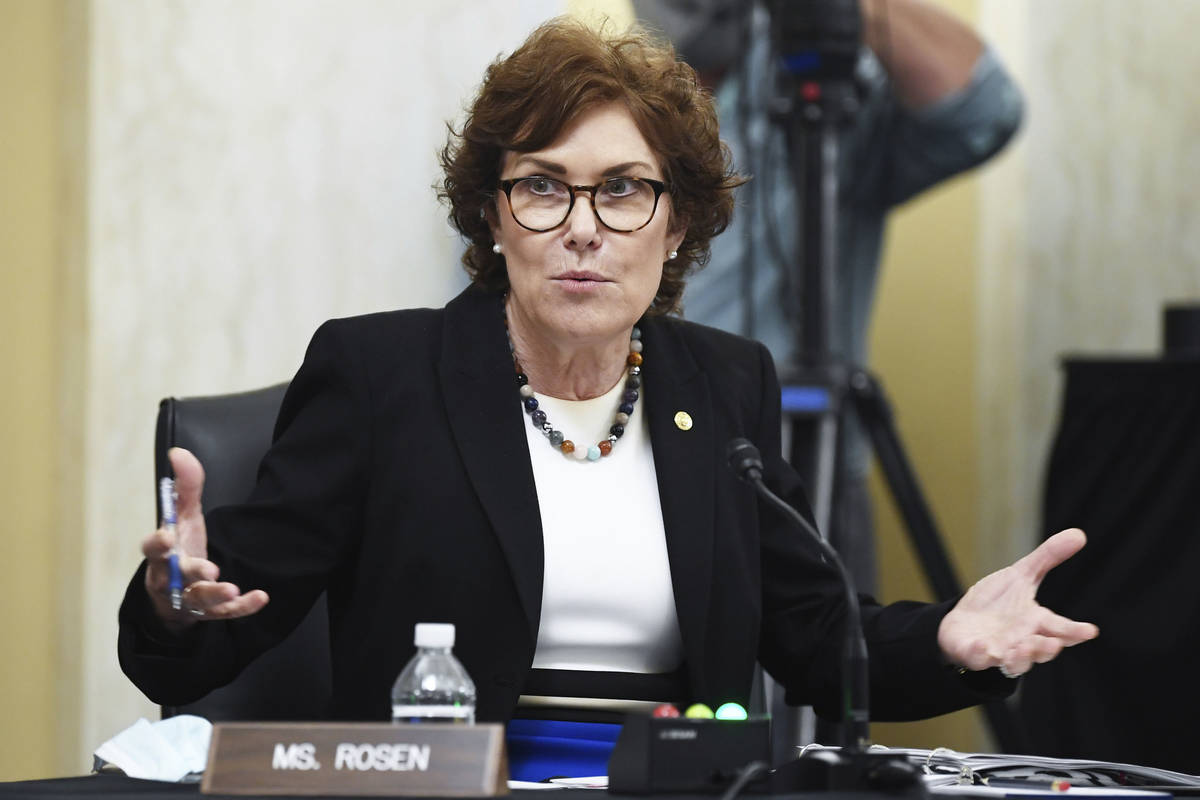 In a June10, 2020, file photo, Sen. Jacky Rosen, D-Nev., speaks during a Senate Small Business ...