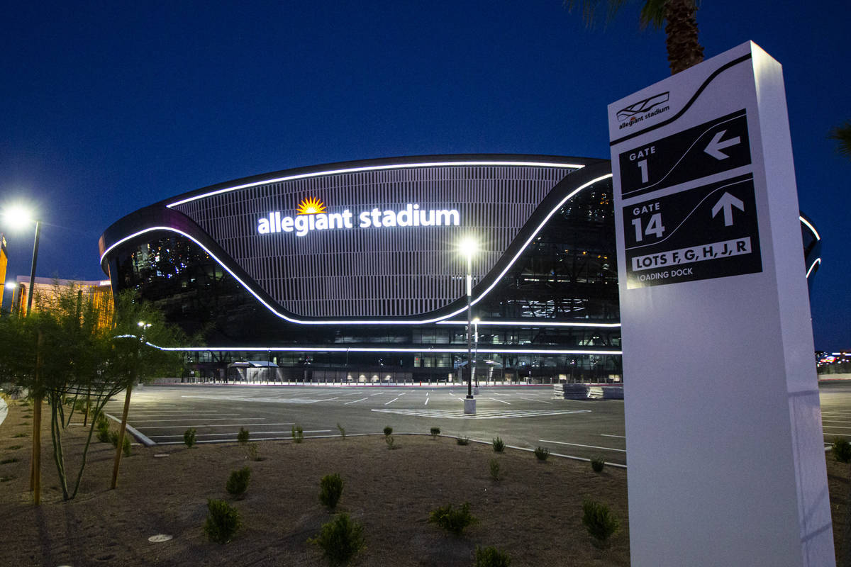 Signage at Allegiant Stadium in Las Vegas on Thursday, July 30, 2020. (Chase Stevens/Las Vegas ...