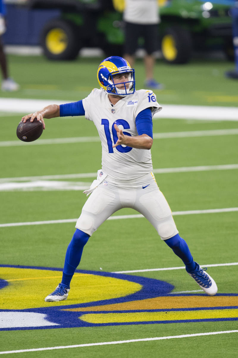 Los Angeles Rams quarterback Jared Goff during an NFL football practice Saturday, Aug. 22, 2020 ...