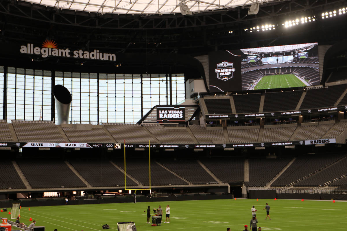 A view of the south end zone prior to a Las Vegas Raiders team practice at Allegiant Stadium in ...