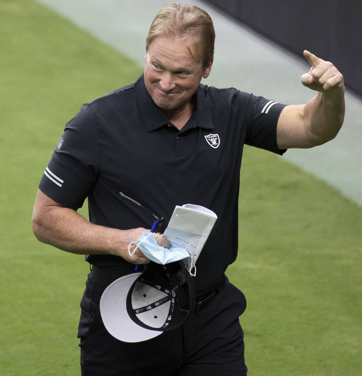 Las Vegas Raiders head coach Jon Gruden reacts during NFL football training camp at Allegiant S ...