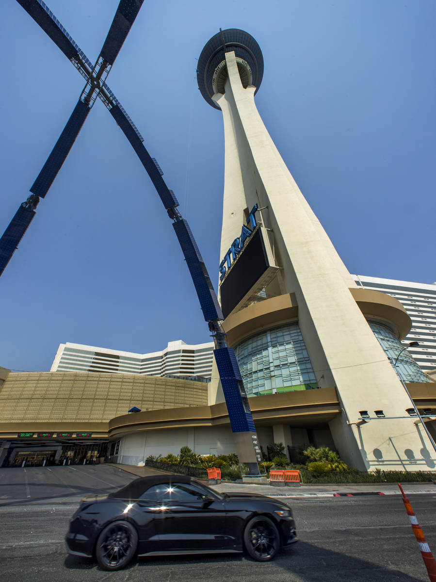 Construction continues of the 80-foot-tall gateway arch over Las Vegas Boulevard by The Strat o ...